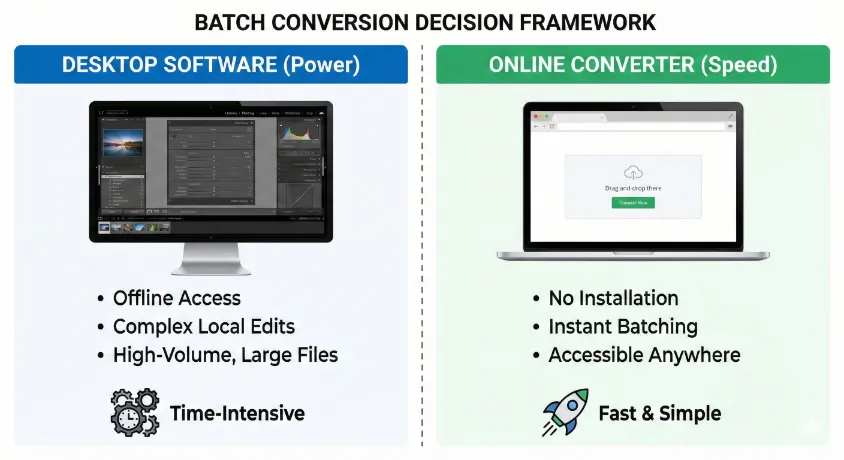 Infographic comparing desktop software for batch conversion (power and control) versus online converters (speed and convenience).